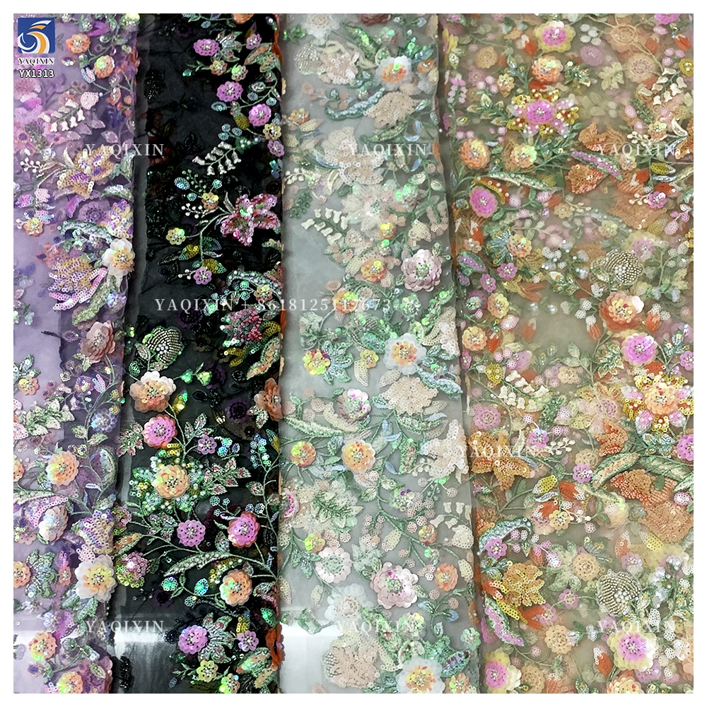 YX1313 Popular Trends Embroidery Fabric 5 Yards Heavy Embroidery Pearl Sequin Flowers Tulle Lace Fabric for Girls Skirts - 图片 2