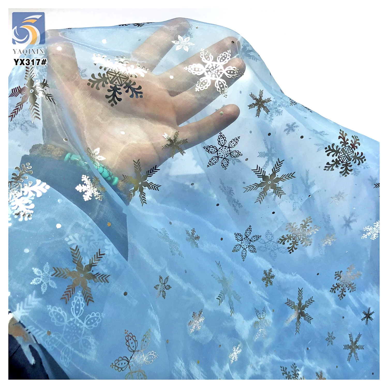 YX317 Frozen Elsa Princess Baby Dress Hot Stamping Printed Organza Snowflake Fabric Knitted Organza Polyester Cartoon Style - 图片 4