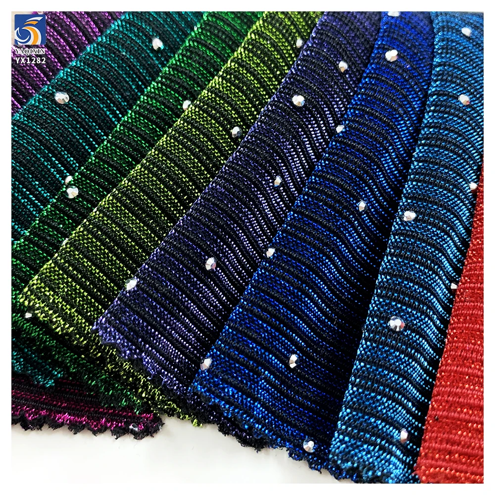 YX1282 Recently Popular Polyester Knitted Chiffon Striped Fabric With Rhinestones Latin Dance Costume Lurex Chiffon Fabric - 图片 4