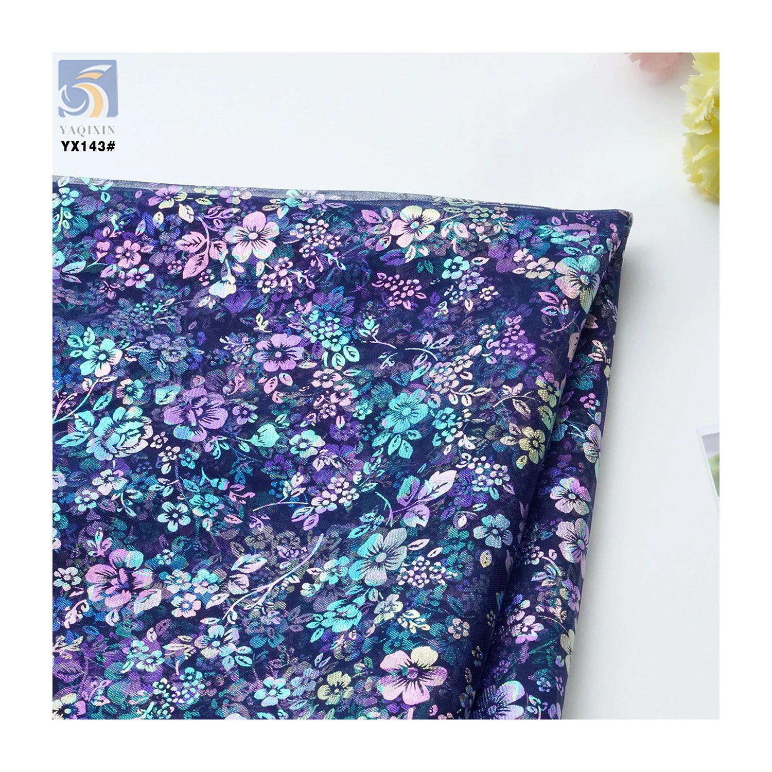 YX143 Beautiful Fancy 100% Polyester Floral Foil Printed Gradient Mesh Tulle Fabric Sheer Tulle With Printed - 图片 3
