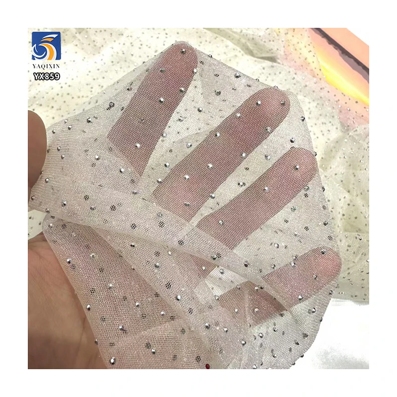 YX859 High Quality Knitted Glitter Mesh 3D Stone Silver Diamond Fabric for Wedding Dress Glossy Tulle Fabrics