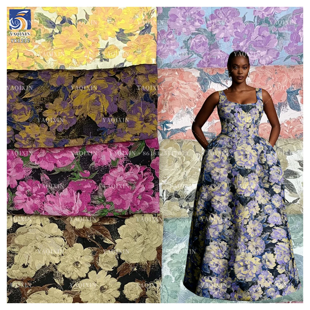 YX1237 Low Moq by 1 Yard Sales 193gsm 100% Polyester Yarn-Dyed Brocade Satin Fabric Jacquard Chinese Big Flowers Brocade - 图片 2