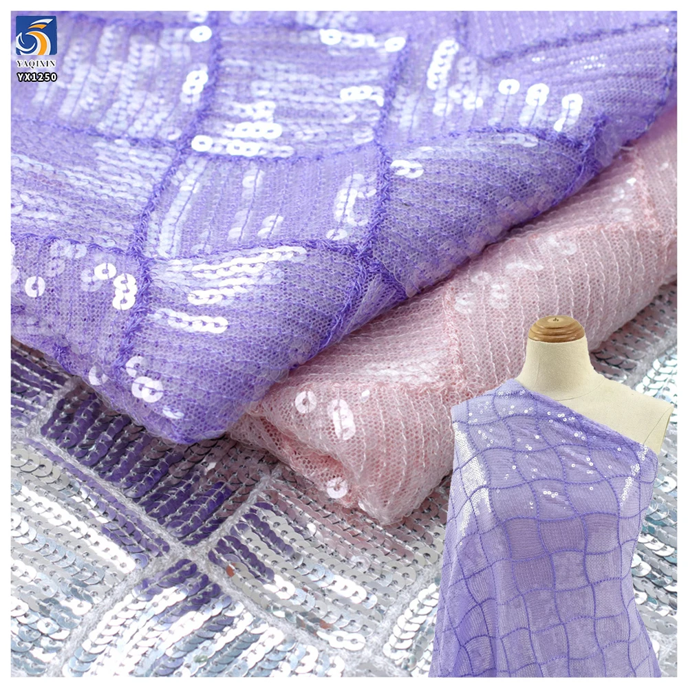 YX1250 Lavender Purple 5mm Sequin Mesh Fabric Crystal Sheet Clear Checkered Embroidered Knit Sequin Trendy Clothing Fabrics - 图片 3