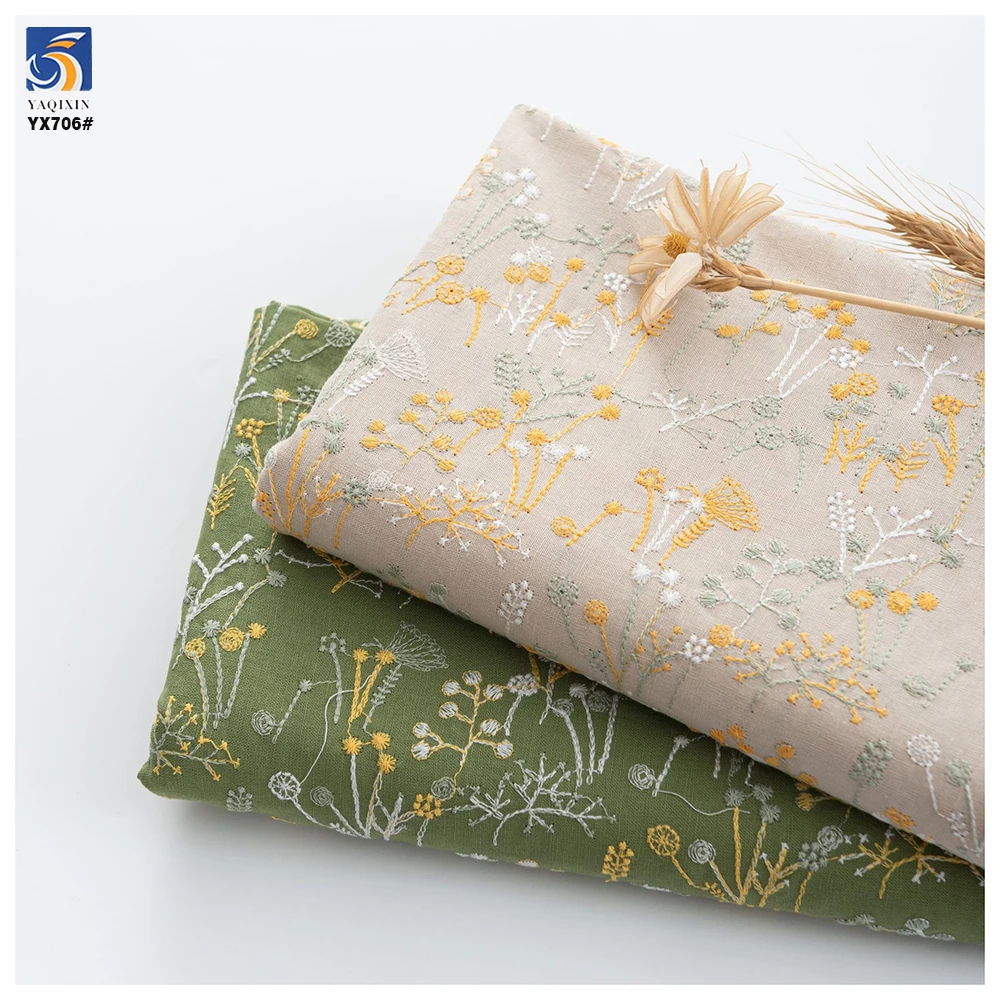 YX706 High Fashion Italian Style Small Florals Embroidered Fabric 30 Linen 70 Cotton Ramie Cotton Embroidery Fabric Florals