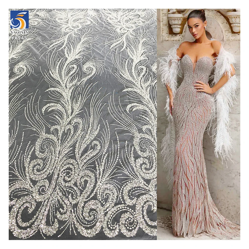 YX945 200gsm Snow-white Luxury Lace Fabric European and American African Wedding Dress Lace Bling Bling Glitter Sequin Fabric