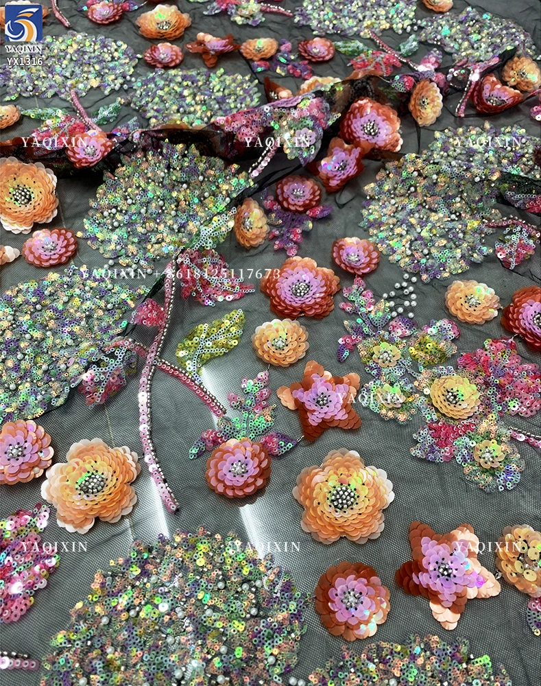 YX1316 Latest 3D Five-Pointed Star Flower Sequin Embroidery Mesh Tulle Fabric Florals Pattern Beaded Sequin Mesh Lace Fabric - 图片 4