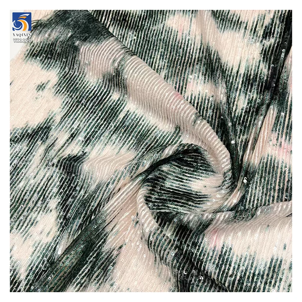 YX1127 Tie-Dye Style Pattern Design Straight Stripe 3mm Sequined Tulle Fabric Elastic Base Sequins Fabric for Apparel Garments - 图片 5