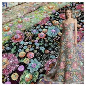 YX1322 High-Quality Custom Sequin Glitter Lace Fabric With Pearls Parisian French Fashion Clothing Lace Fabric