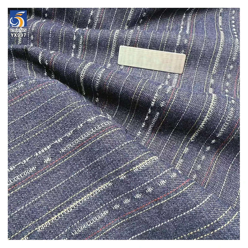 YX997 250g/m² 11oz 75% Cotton 25% Polyester Washed Denim Fabric Vintage-Style Jacquard Cotton Striped Denim Fabric for Pant - 图片 4