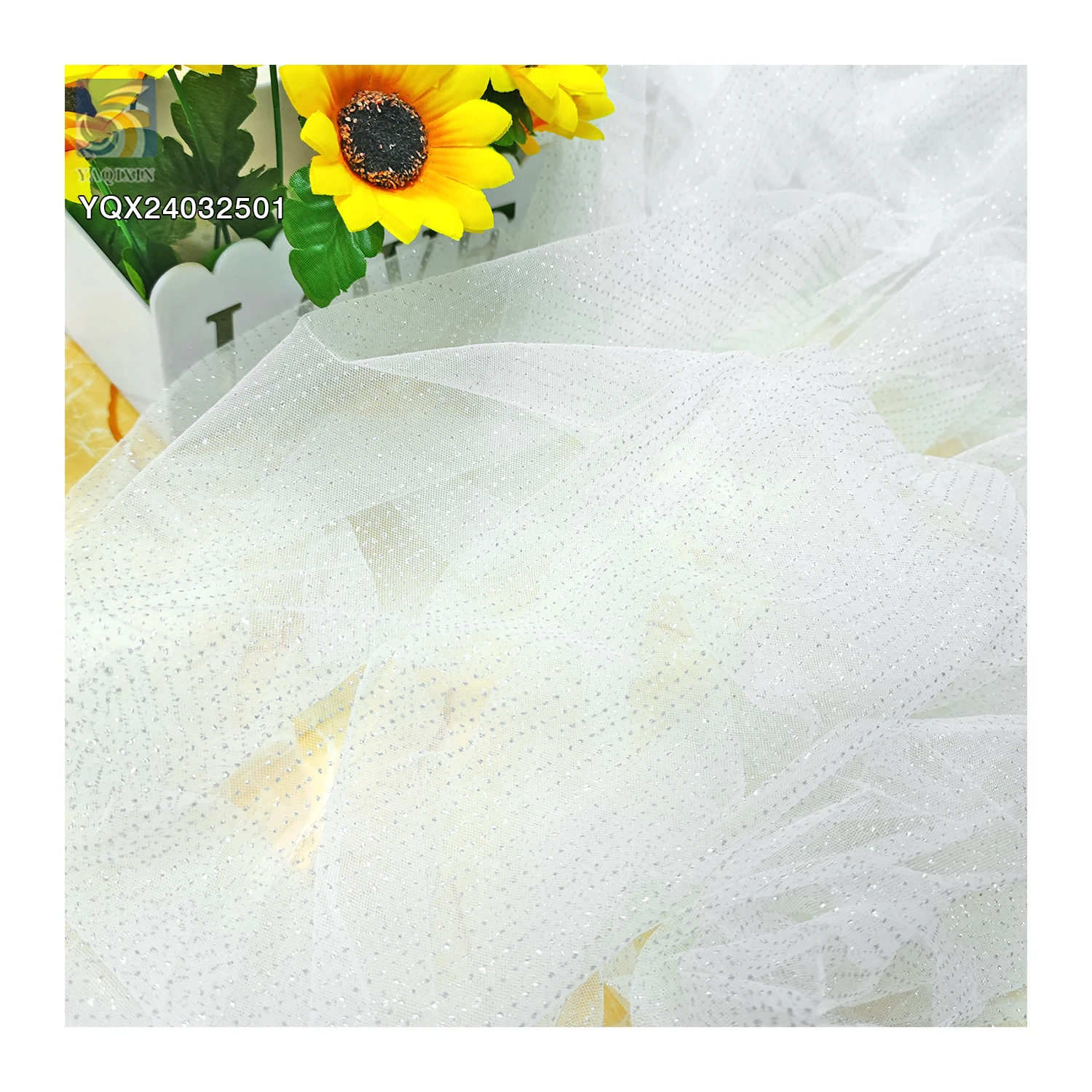 China Factory Wholesale Price White Sparkle Tulle Bridal Fabric Poly Mesh Tulle Wedding Dress Fabric - 图片 6