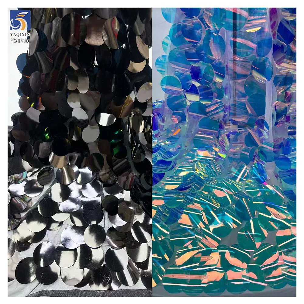 YX1300 High Quality Embroidery Round Sequins Fabrics 300gsm Heavyweight 60mm Silver Sequin Fabric for Nigerian Formal Wear - 图片 4
