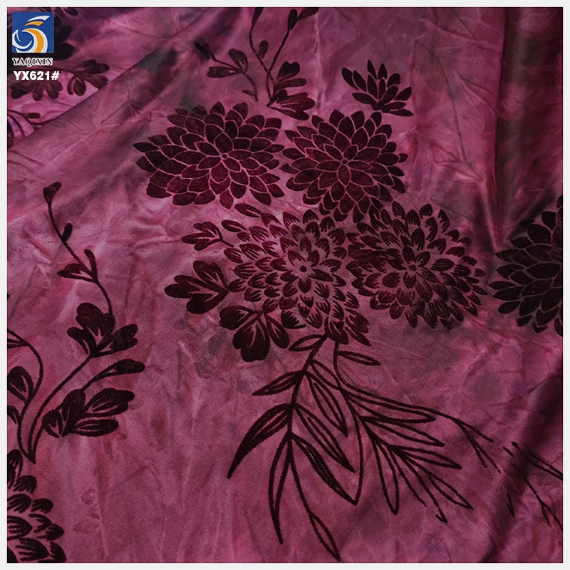 YX621 Dark Wine Red Ice Silk Tie Dyed High Stretch Fabric Spandex Chinese Flowers Flocking Fabric for Women Dress - 图片 3