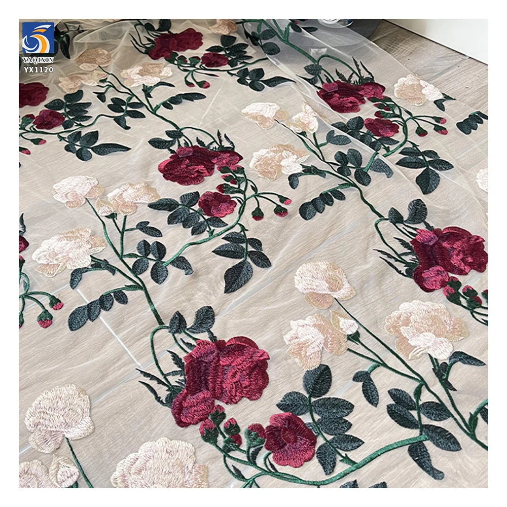 YX1120 Expensive Multi-Color Embroidered Flowers Mesh Fabric Water-Soluble Embroidery Large Roses Tulle Fabric French Parisian - 图片 3