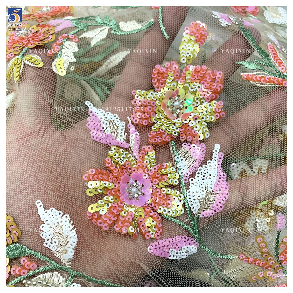YX1321 Exquisite Embroidered Lace Fabric Heavy Embroidery Pearl Sequin Flowers Chinese Lace Fabric With Beaded Florals - 图片 6