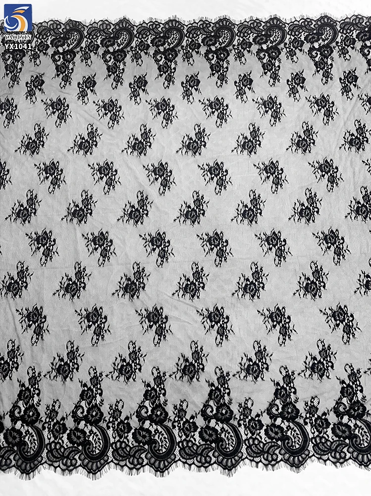 YX1041 High-Quality Sheer Breathable Soft Black Lace Fabric Lightweight Polyester Embroidered Flower Eyelash Lace Fabrics - 图片 4