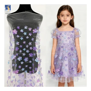 YX1130 High Quality Purple and Blue Gradient Flowers 3D Mesh Fabric 2 Yards Embroidery 3D Florals Tulle Christmas Skirt Fabric
