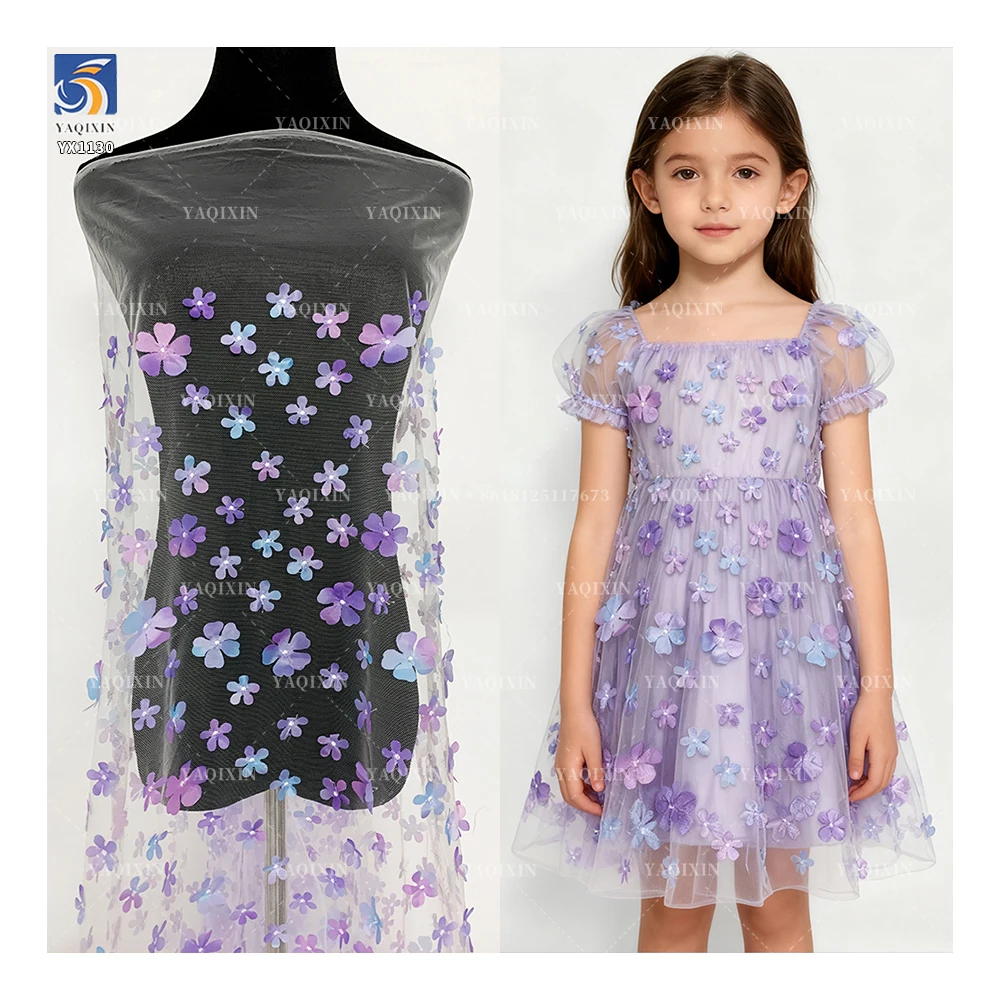YX1130 High Quality Purple and Blue Gradient Flowers 3D Mesh Fabric 2 Yards Embroidery 3D Florals Tulle Christmas Skirt Fabric