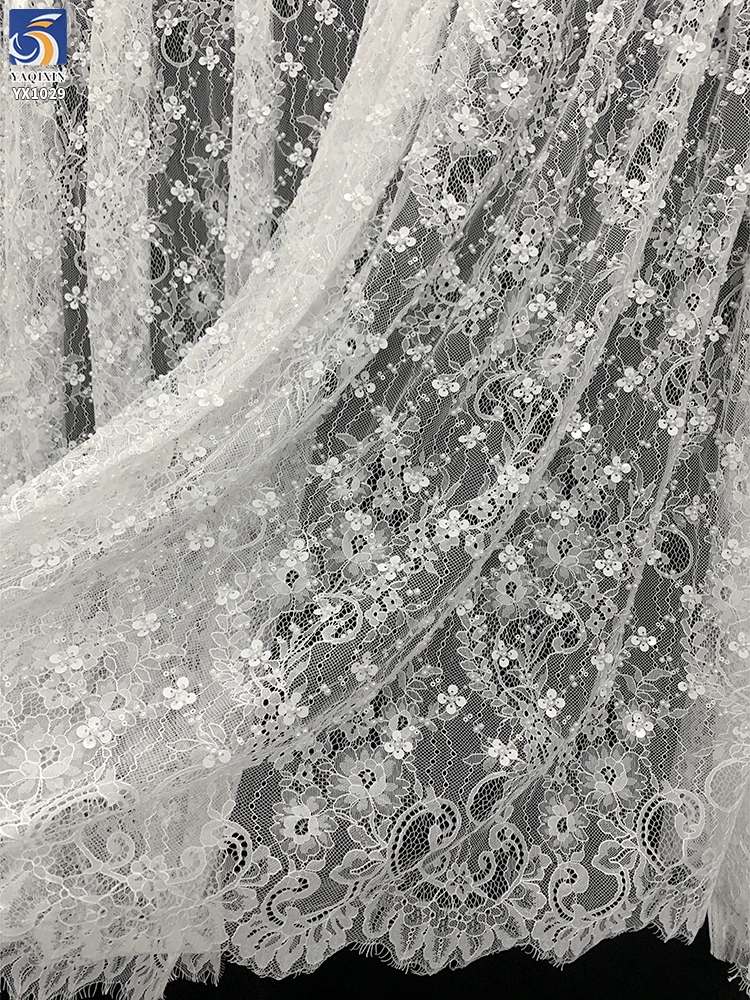 YX1029 Factory High-Quality Eyelash White Lace Fabrics With Heavy Beads and Sequins Embroidery Lace Fabric for Bridal Gown - 图片 4