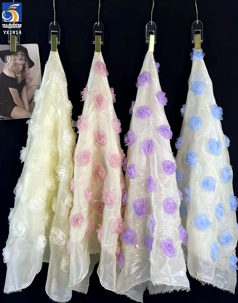 YX1414 150gsm Summer 2026 Dress Liquid Organza Rose Flower 3D Embroidery Fabric for 1 Yard - 图片 6