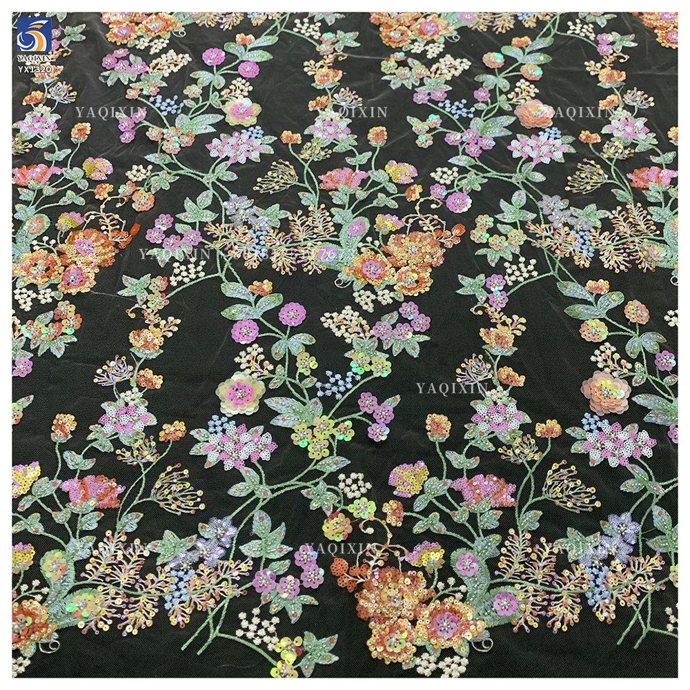 YX1320 Hot-Selling Lace Fabric Colorful Floral 3D Lace Glitter Sequin Embroidered Mesh Women's Dress Fabric - 图片 2