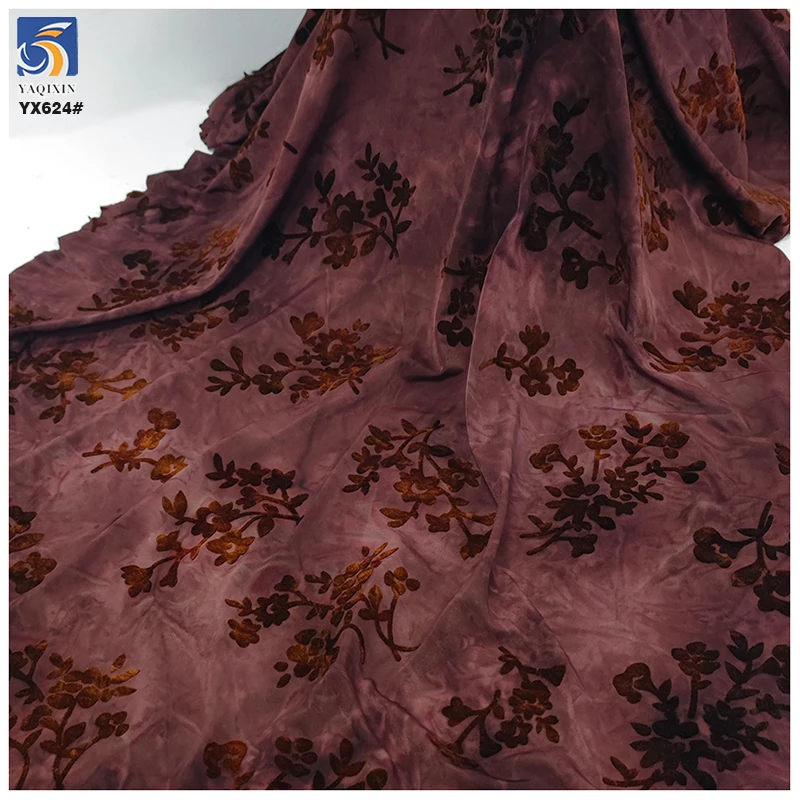 YX624 China Factory OEM Custom Burnout Stretch Knit Florals Polyester Fabric for Clothing Flocking Florals Fabric - 图片 5