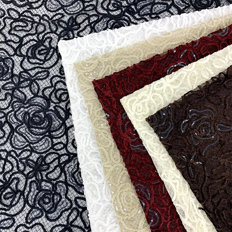 YX988 3D Flowers Embroidered Chenille Materials Chantilly Lace Fabric China Style Red Rose Flowers Embroidery Mesh Lace Fabric - 图片 6