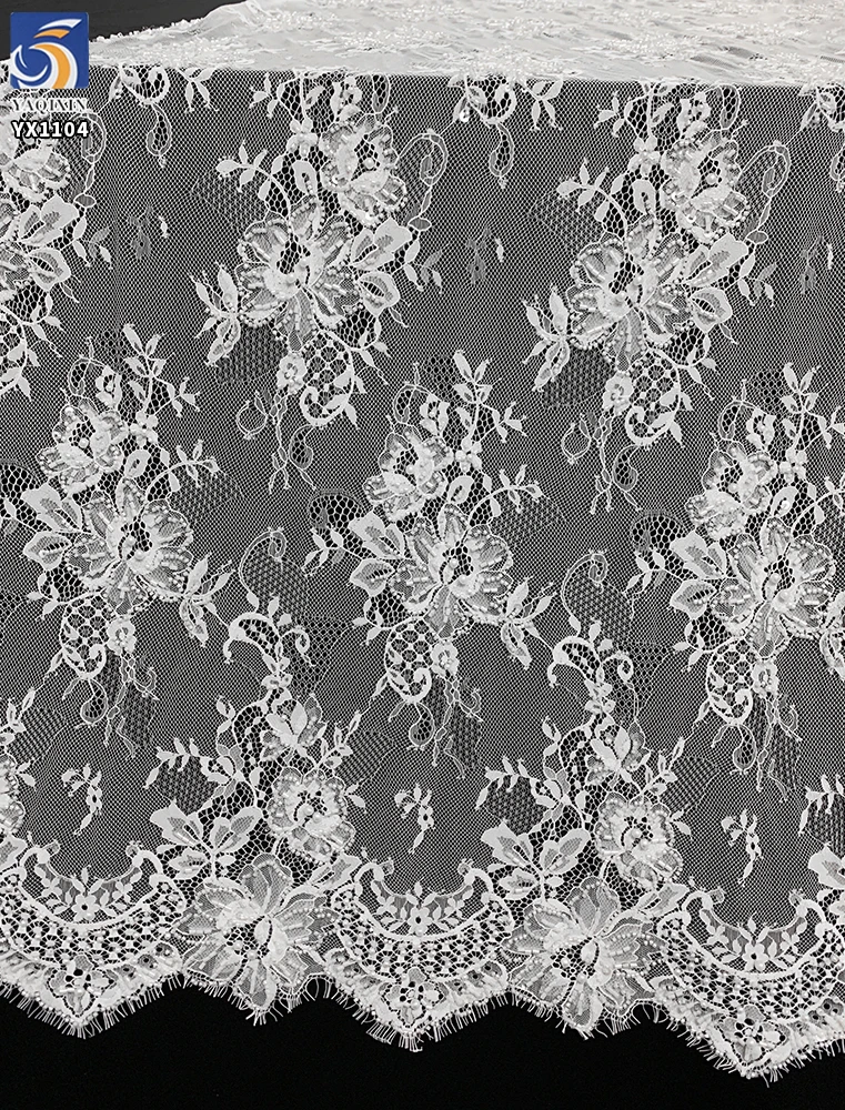 YX1104 300*150CM White Polyester Eyelashes Lace Fabric for Home Textiles High-End Hand-Sewn Bone Thread Beaded 3D Lace Fabric - 图片 4