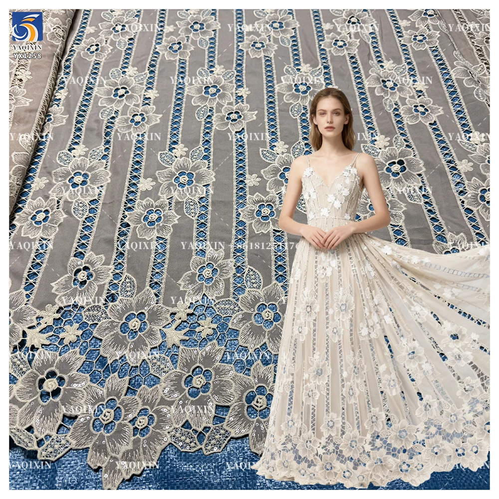 YX1258 2026 150gsm Hollow-Out Single-Sided Embroidery Fabric Chiffon White Water-Soluble Two-Color Embroidery Lace Fabric