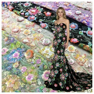 YX1310 Expensive High Quality Glitter 3D Flowers Sequin Embroidered Lace Fabric Custom Summer Costumes Sequin Lace Fabric