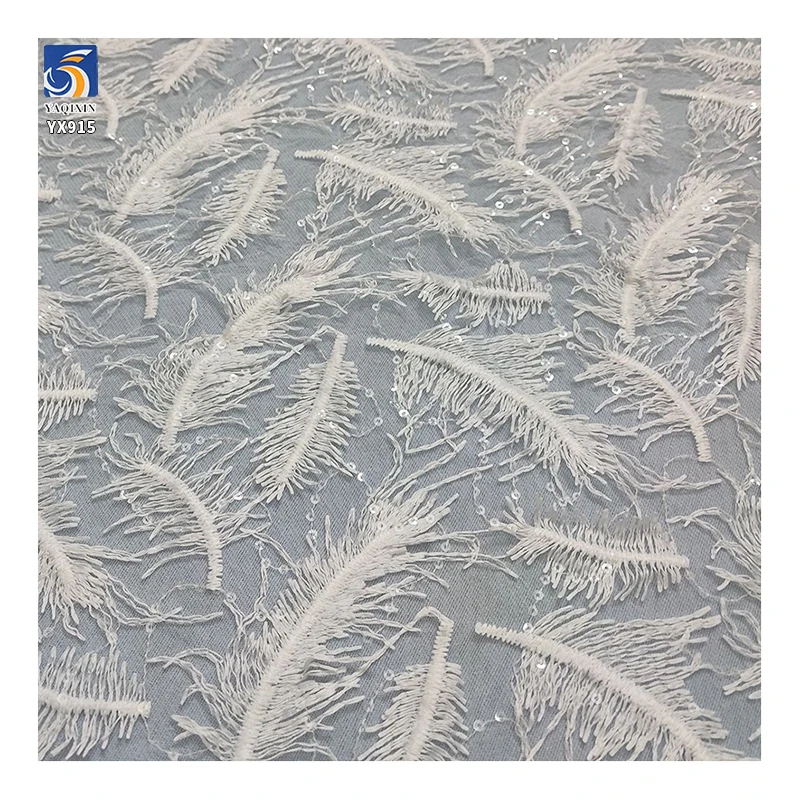 YX915 Multicolor Wholesale 3D White Feathers Lace Tulle Fabric 100 Polyester Milk Silk Embroidery Lace Fabric With Sequins - 图片 5