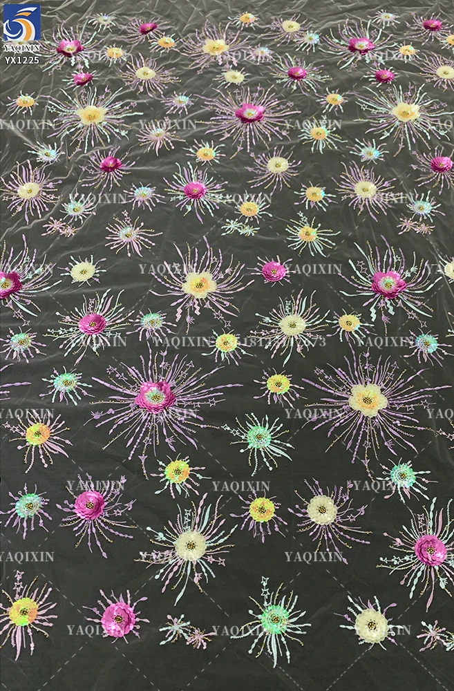 YX1225 New 3D Floral Embroidered Lace Tulle Fabric Competitive Prices Popular 2026 Embroidered Fabric With Colorful Sequins - 图片 3