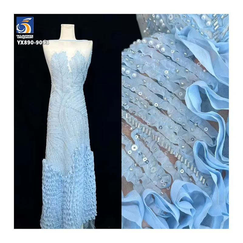 Hot Selling Elegant Sky Blue Mesh 3D Pleated Lace Fabric Handmade Beads French Lace Sequins Fabric for Wedding Party