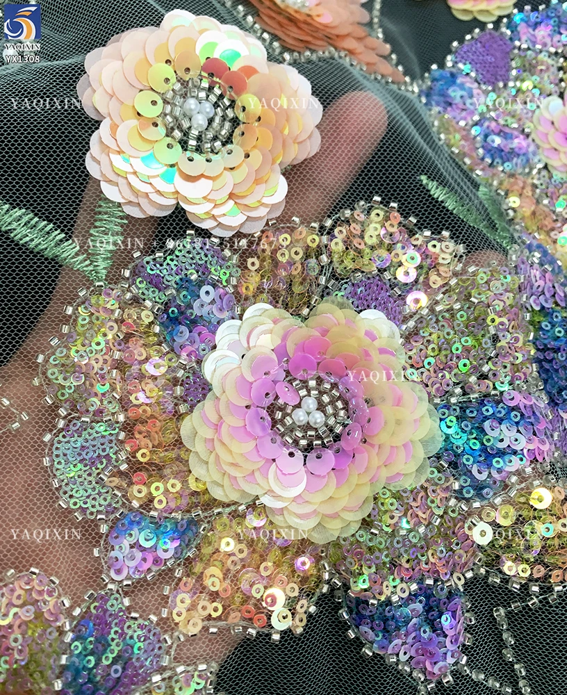 YX1308 3D Florals Colored Sequin Embroidered Mesh Fabric for Spring/Summer Dress Heavy Embroidery Pearls Glitter Sequin Fabric - 图片 5