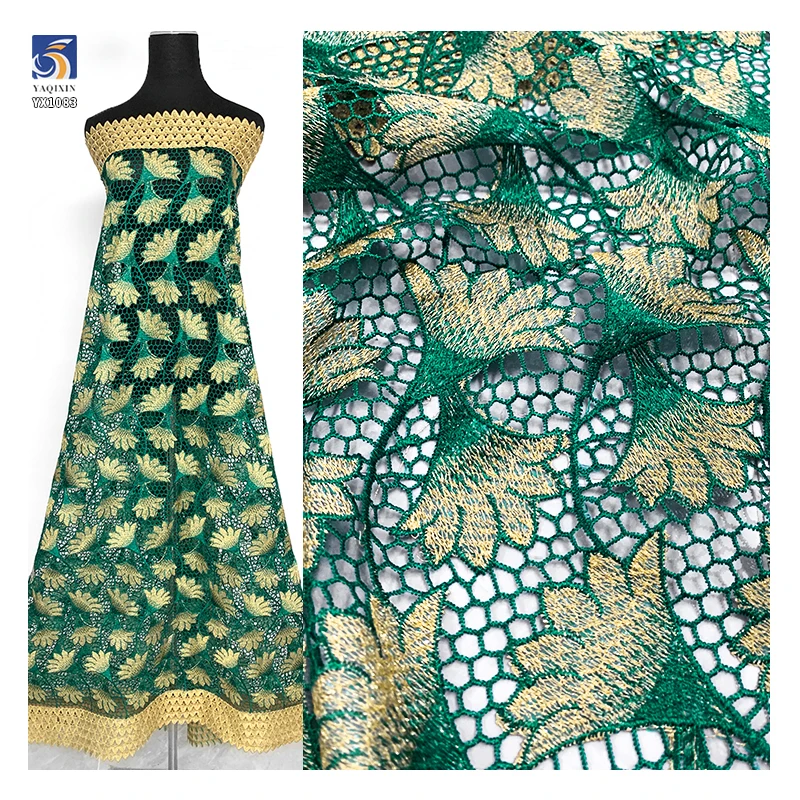 YX1083 2026 New 300gsm African Ethnic Embroidered Rich Bazin Fabric Water-Soluble Lace Embroidery Ethnic Africa Fabric Green