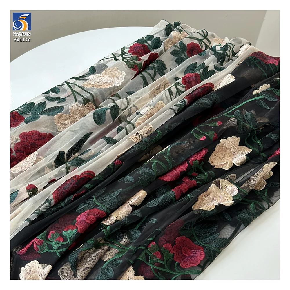 YX1120 Expensive Multi-Color Embroidered Flowers Mesh Fabric Water-Soluble Embroidery Large Roses Tulle Fabric French Parisian - 图片 2