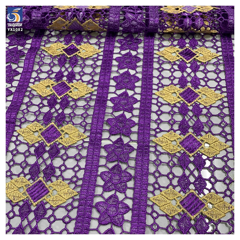 YX1082 Cheap Custom Purple Bazan Women's Ethnic Bridal Wedding Lace Embroidered Fabric Poly Water-Soluble Embroidery Lace Fabric - 图片 4