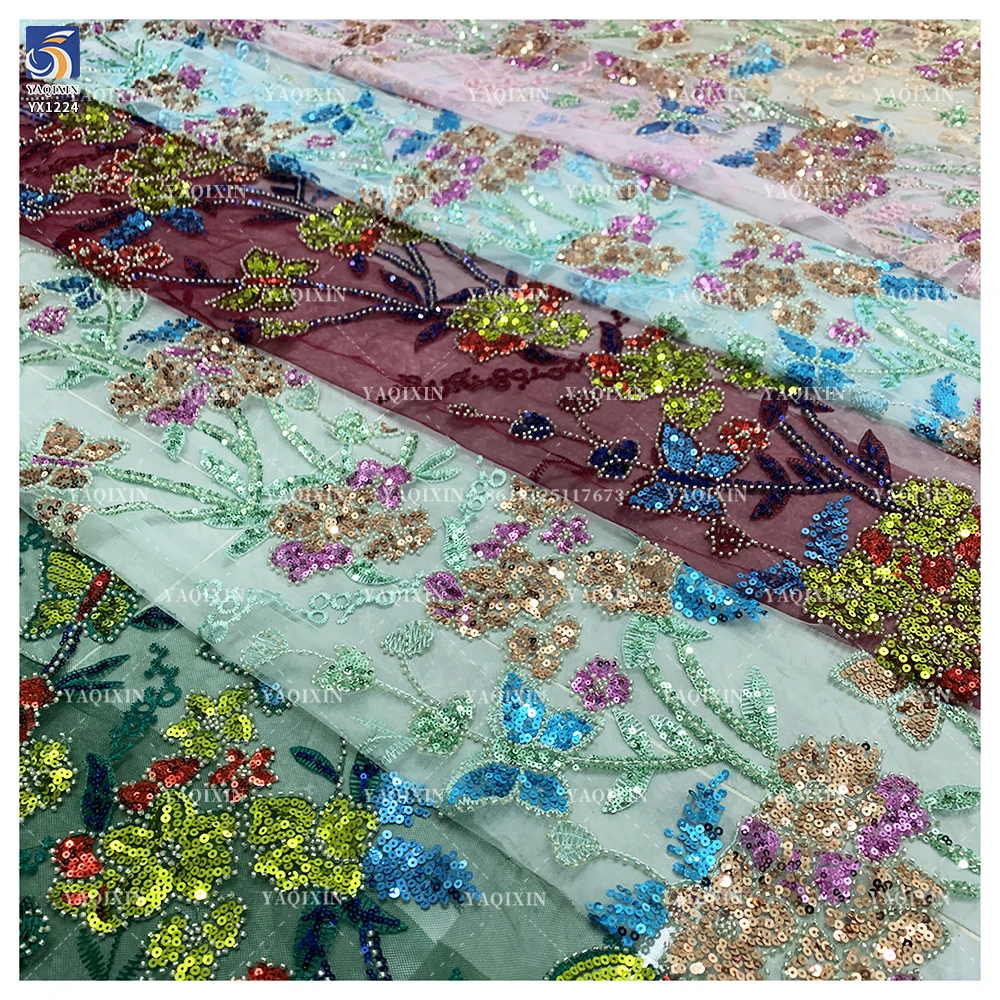 YX1224 African Colorful Sequins Embroidered Lace Fabric Hot Sales Popular Chinese Designer Floral Lace Sequin Fabric Textiles - 图片 5