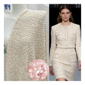 YX1420 Winter 100% Polyester White Pom-Pom Lace Jacquard Fabric With Embroidered 5mm Sequin for Women's Dress