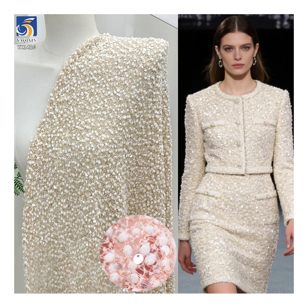 YX1420 Winter 100% Polyester White Pom-Pom Lace Jacquard Fabric With Embroidered 5mm Sequin for Women's Dress