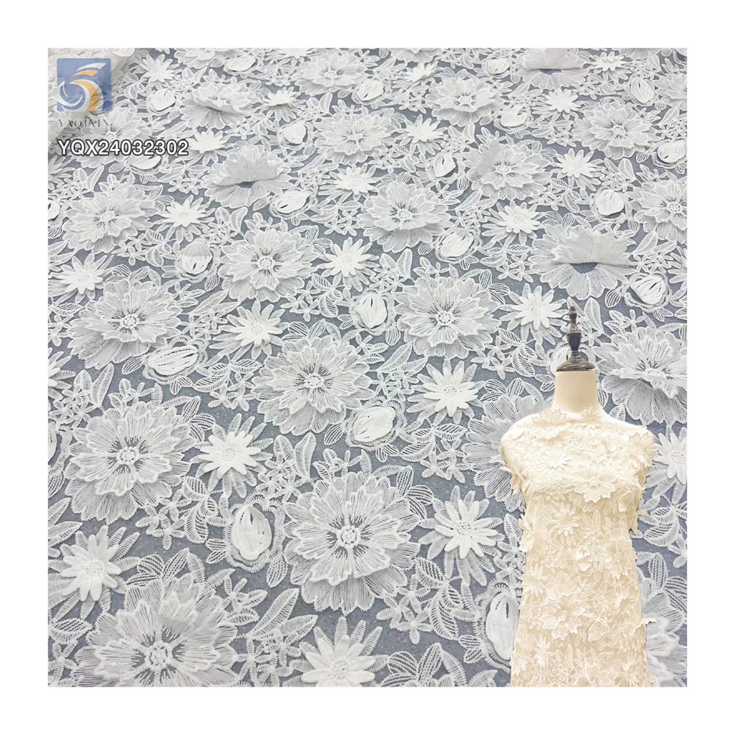 Wholesale Price 3D Embroidery Flower Organza Fabric Water Soluble Milk Lace Fabric for Dresses & Weddings Made in China