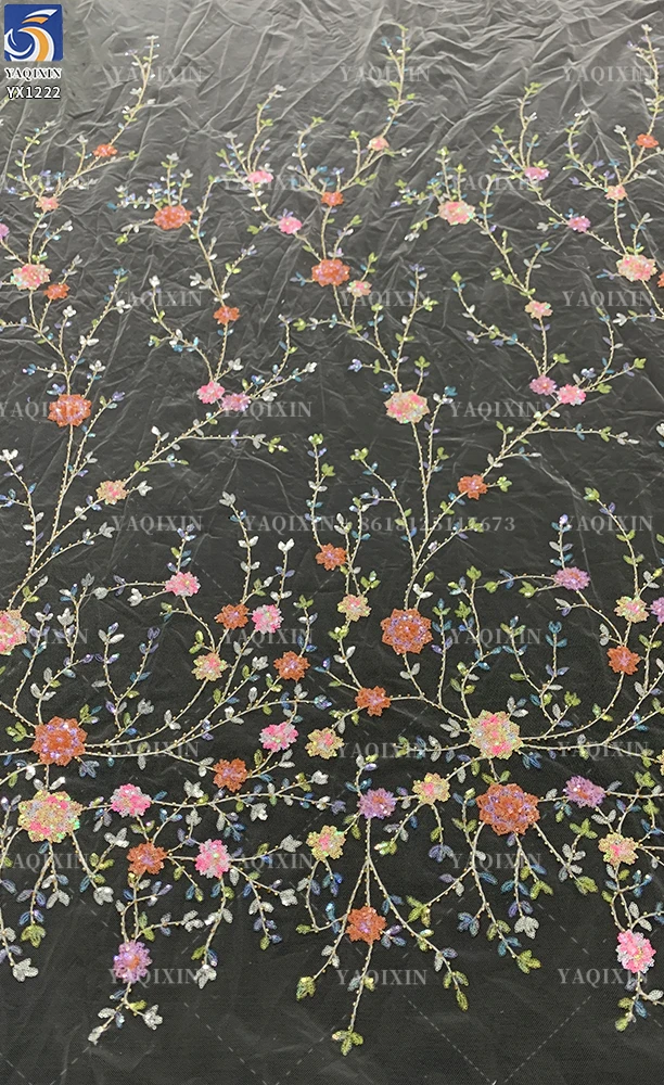 YX1222 Exquisite Colorful Sequins Embroidery Dresses Lace Mesh Flowers Fabric for Girls Skirts Shiny Flowers Dress Fabric - 图片 3