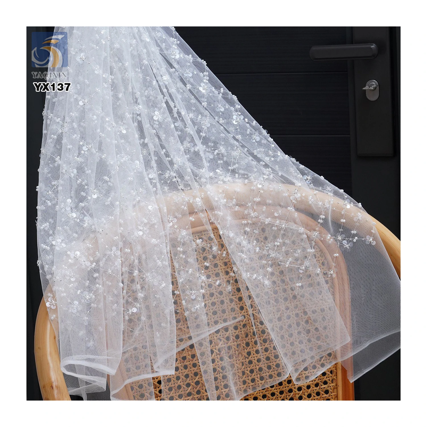 Oriental Beads Embroidery Fabric 100gsm Lace Mesh Embroidery Four-Leaf Clover Pearl Sequin Embroidery Tulle Fabric - 图片 4