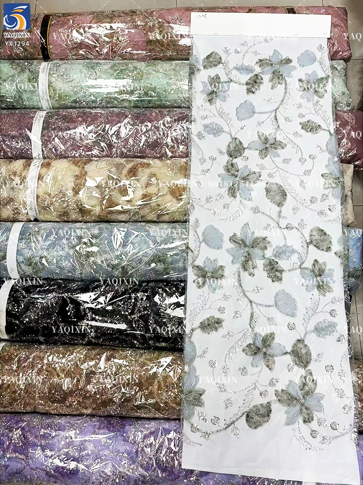 YX1294-3 400g Chinese Manufacturers Design High-End Sequin Knit Lace Fabrics for Cheongsam Sequin Glitter Lace Fabric China - 图片 3