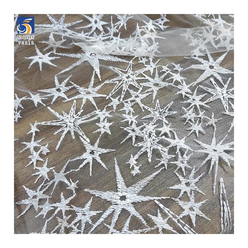 YX819 Popular Silver White Polyester Knitted Tulle Embroidered Star Fabric for Dresses Lace Home Textiles Clothing Stars - 图片 5