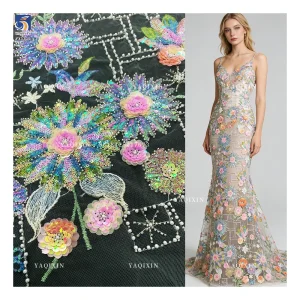 YX1315 Chinese Suppliers Summer-Style Sunflower Design Colorful Sequin Embroidered Mesh Lace Fabric for Women's Clothing
