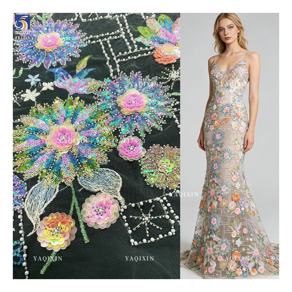YX1315 Chinese Suppliers Summer-Style Sunflower Design Colorful Sequin Embroidered Mesh Lace Fabric for Women's Clothing