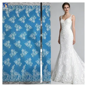 YX1271 Custom Wedding Lace Fabric 2 Pieces Leaves Mesh Design White Eyelash Tulle Lace Fabric Textiles for Bride Australia