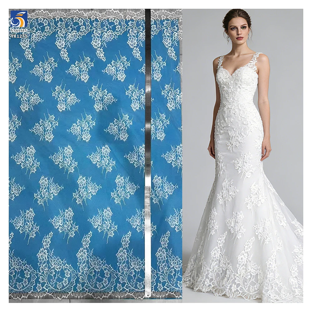 YX1271 Custom Wedding Lace Fabric 2 Pieces Leaves Mesh Design White Eyelash Tulle Lace Fabric Textiles for Bride Australia