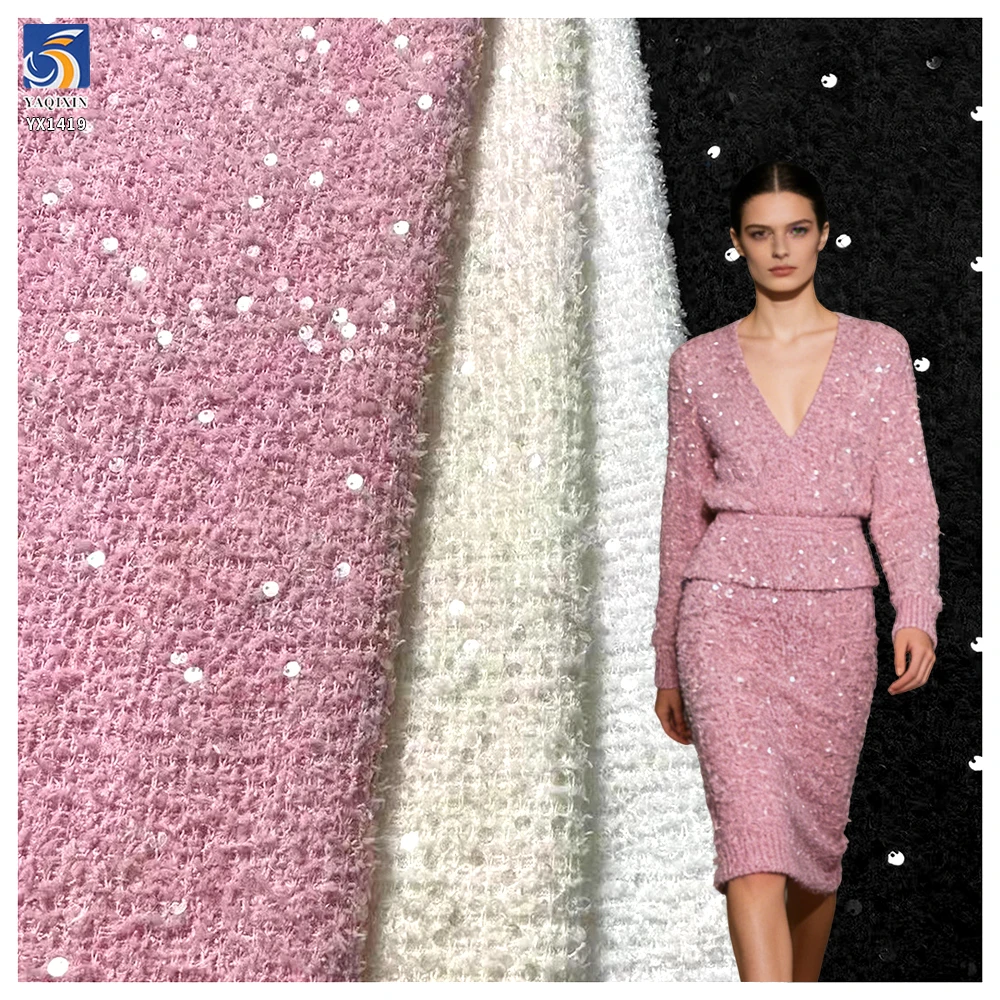 YX1419 2026 New 60% Polyester 15% Wool Sequin Pink Tweed Fabric for Women's Dress and Clothing