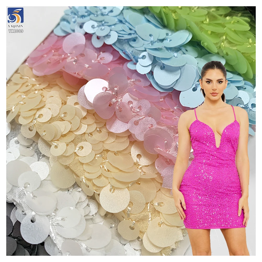 YX1009 Competitive Prices 3+5+7 MM Matte Sequins Fabrics 400gsm High-Weight Multi-Layered Sequins Mesh Fabrics for Bags Clothing